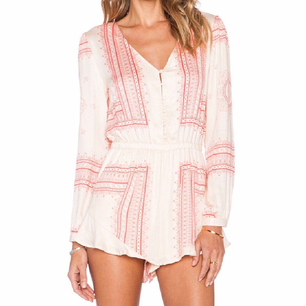 Women's Cream and Coral Printed Long-Sleeve Romper